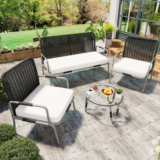 Poly Rattan Furniture Set with Armchair, Coffee Table & Cushions