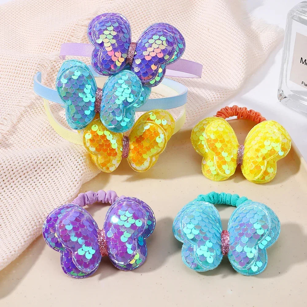 2Pcs Hairbands Hair Ties Set Girls Shiny Butterfly