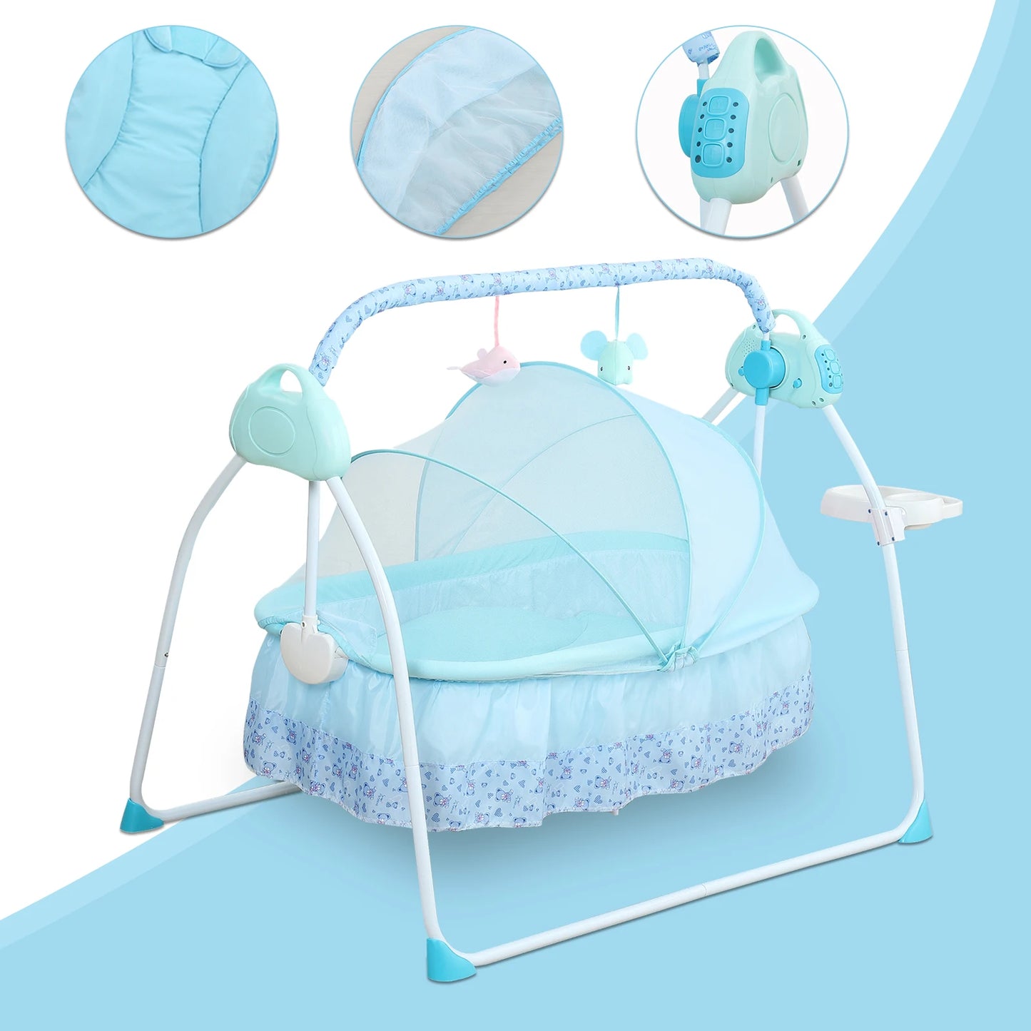 Infant Swing with 12 Built-in Music Tracks, Mosquito Net, Soft Pillow, and Thick Mattress