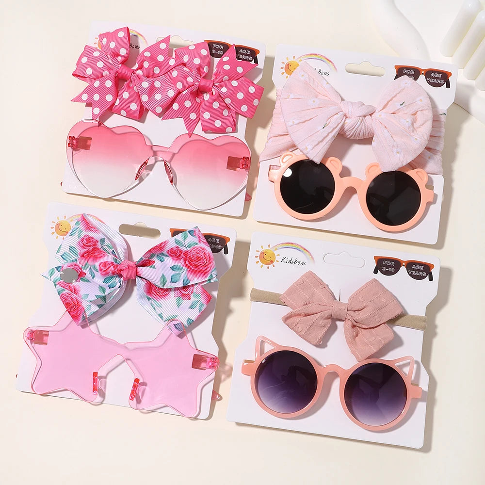 4set Baby Bows Headband Cartoon Sunglasses