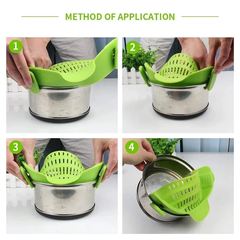 Universal Silicone Clip on Pan Pot Strainer Anti Spill Pasta