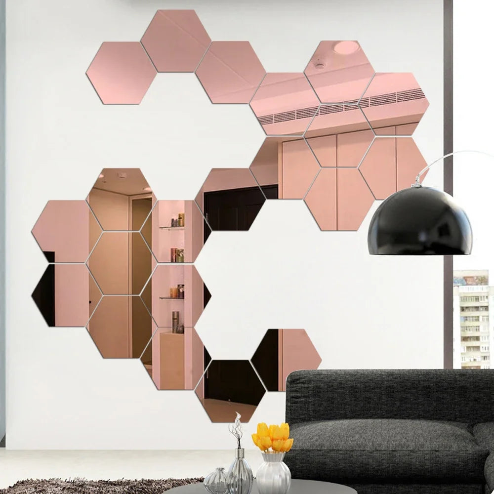 6/12pcs 3D Mirror Wall Sticker Hexagon