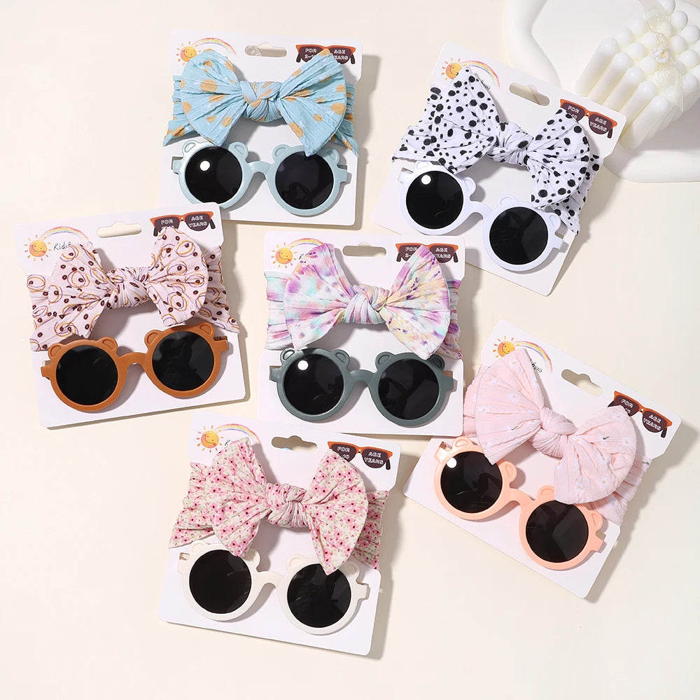 4set Baby Bows Headband Cartoon Sunglasses