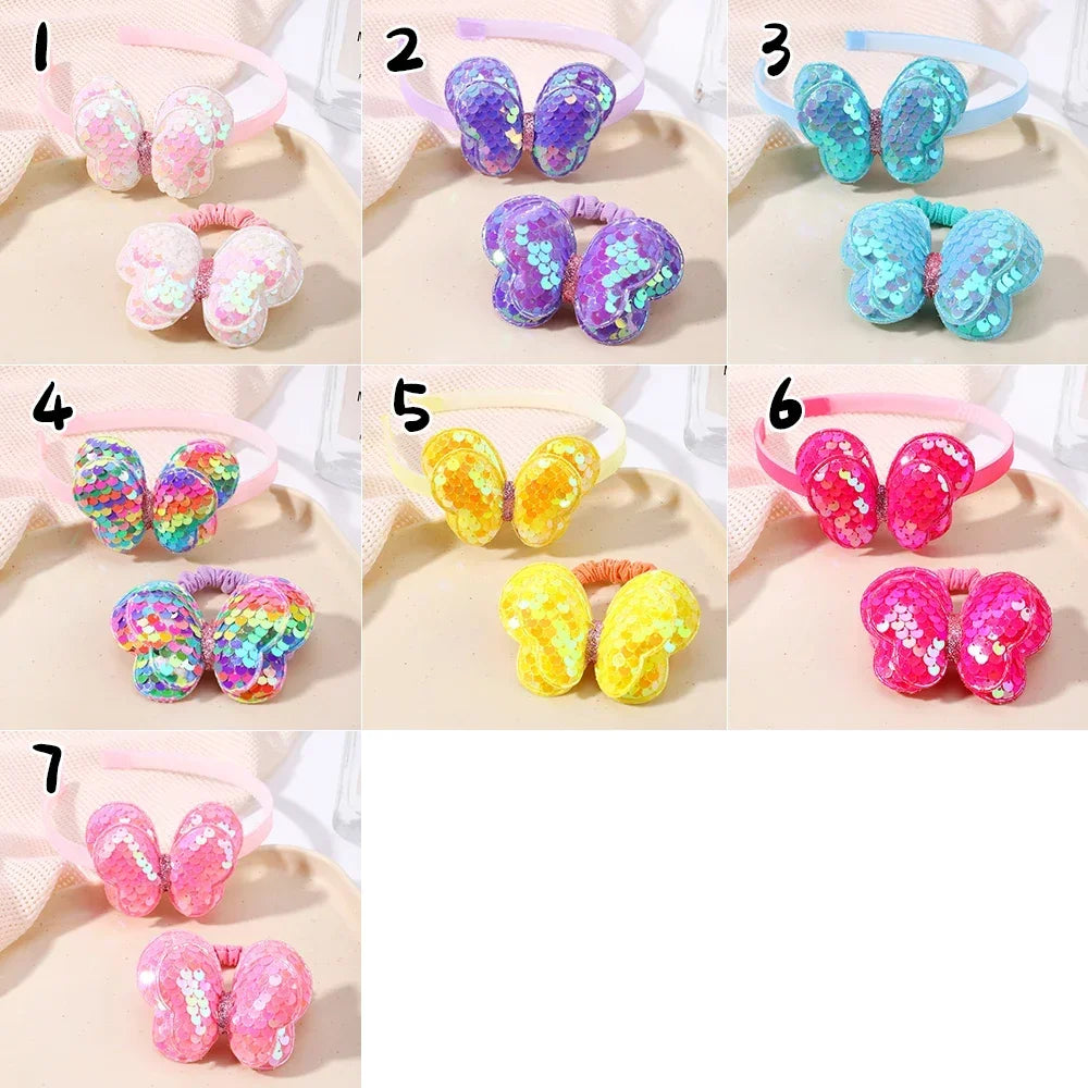 2Pcs Hairbands Hair Ties Set Girls Shiny Butterfly