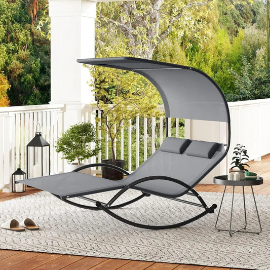 Outdoor Chaise Lounge Rocker with Sun Shade Canopy & Headrest Pillows