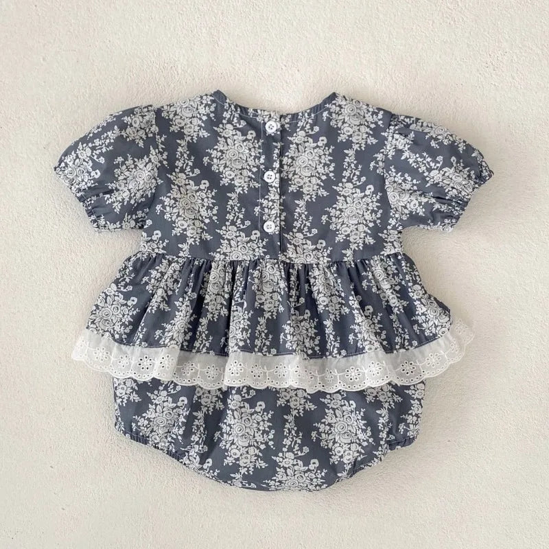 Baby Girl's Summer Floral Shred Lace Romper.