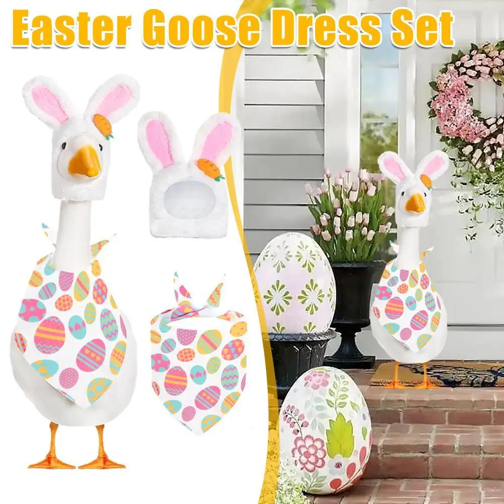 Lawn Goose Statue Clothes Bunny Ear Hat and Easter