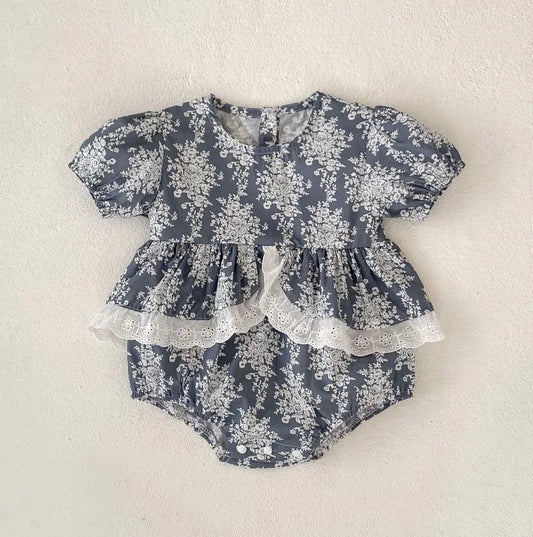 Baby Girl's Summer Floral Shred Lace Romper.