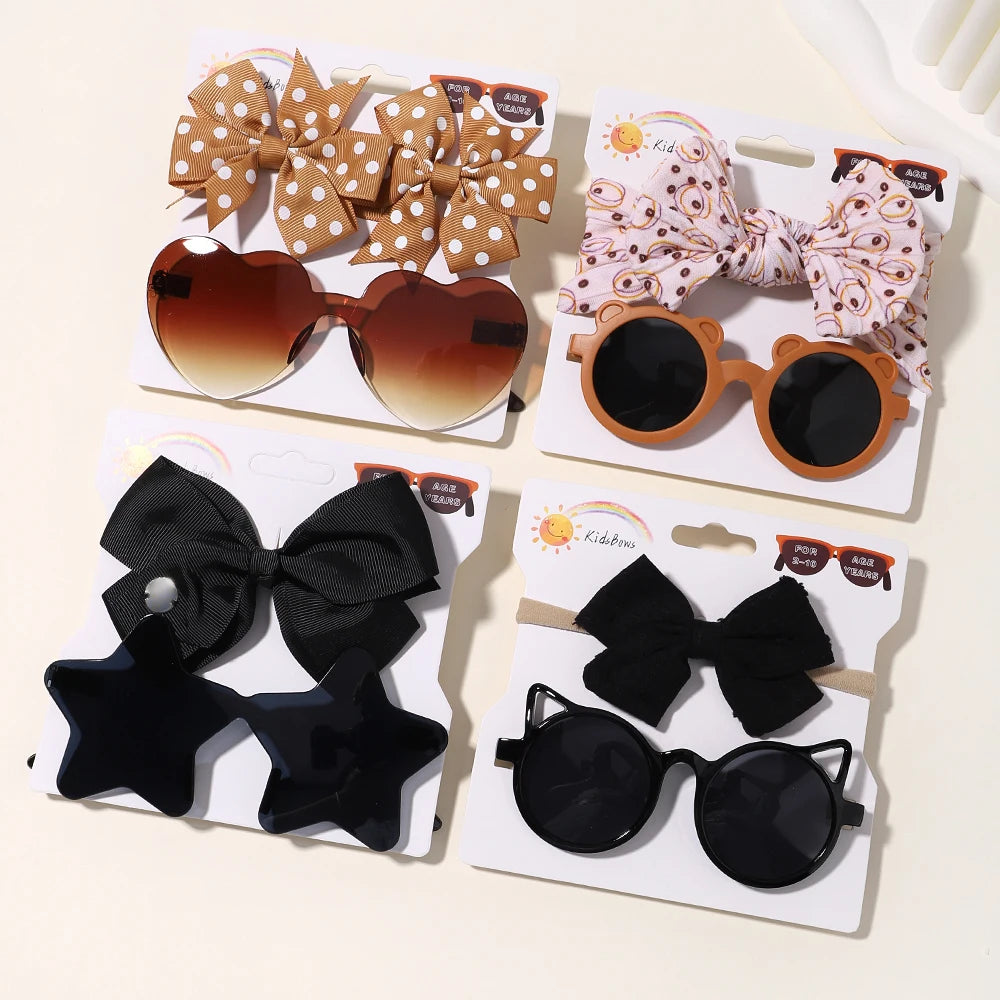 4set Baby Bows Headband Cartoon Sunglasses