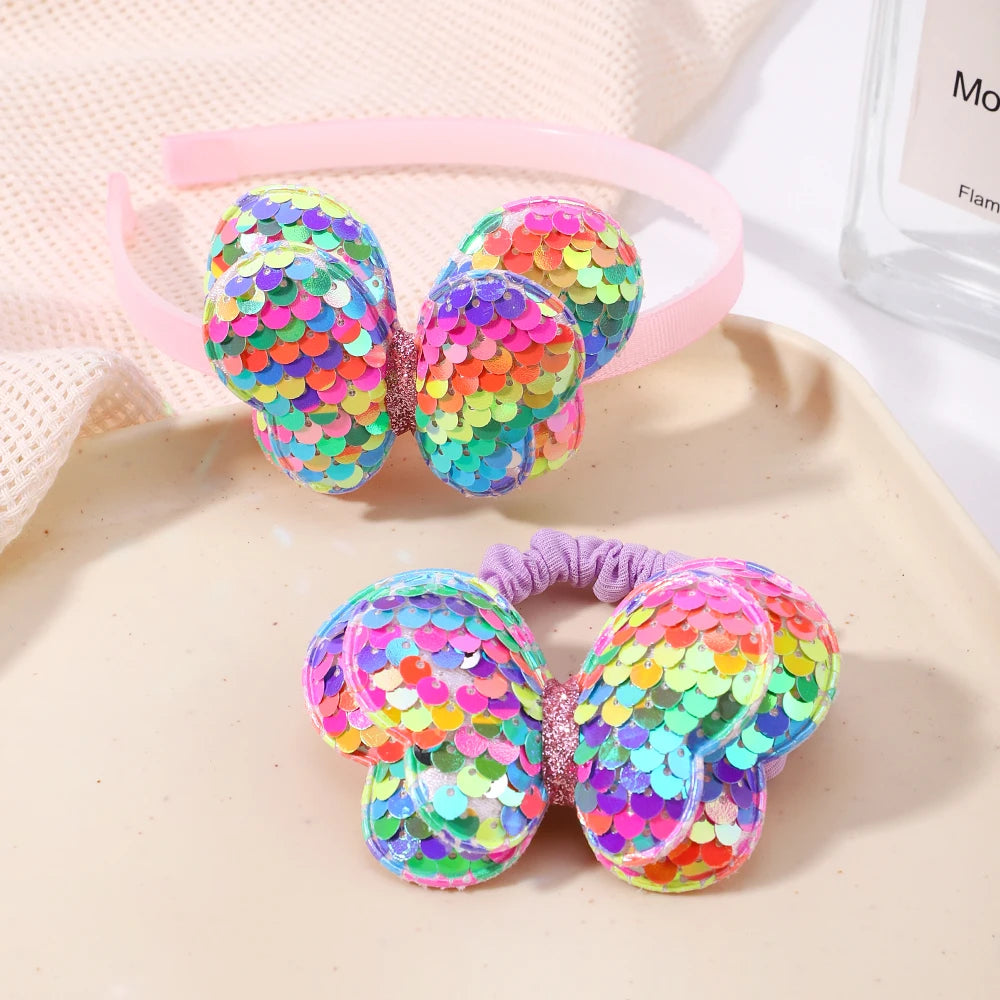 2Pcs Hairbands Hair Ties Set Girls Shiny Butterfly