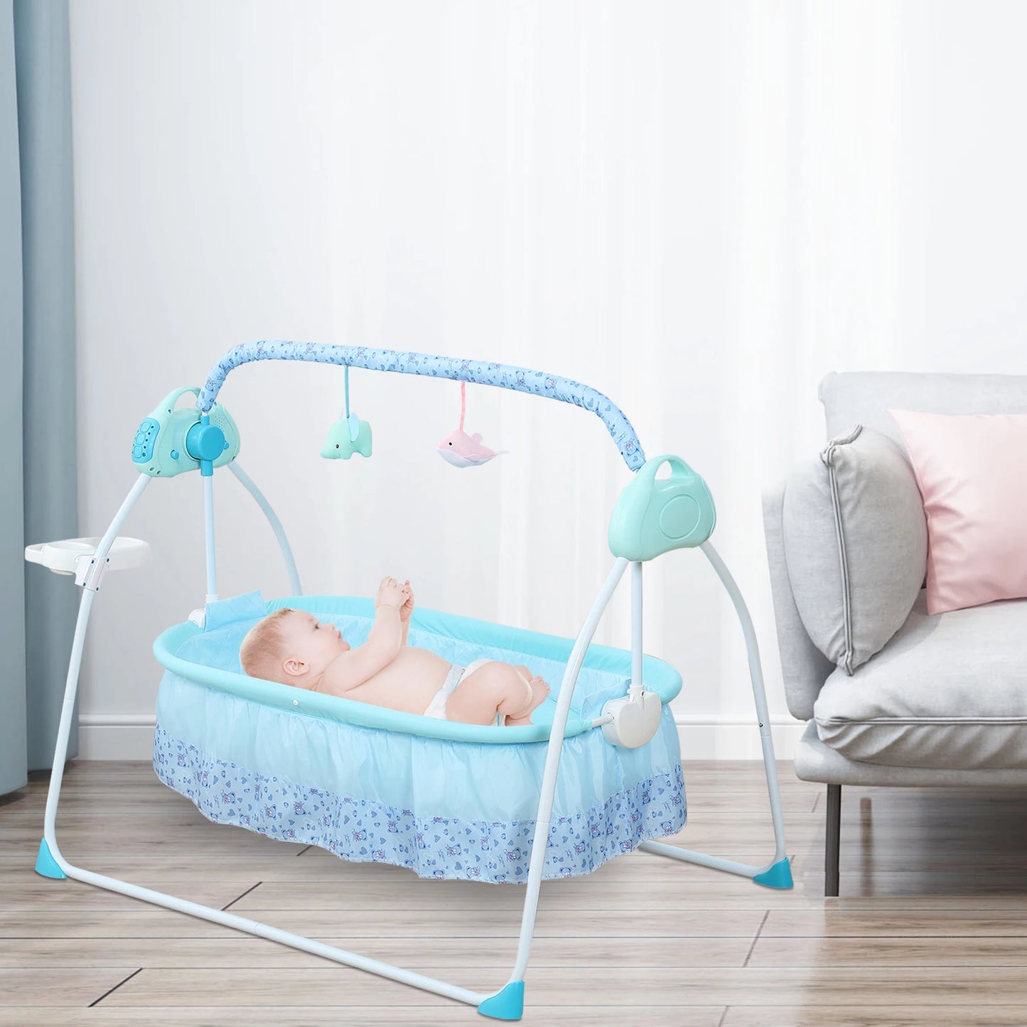 Infant Swing with 12 Built-in Music Tracks, Mosquito Net, Soft Pillow, and Thick Mattress