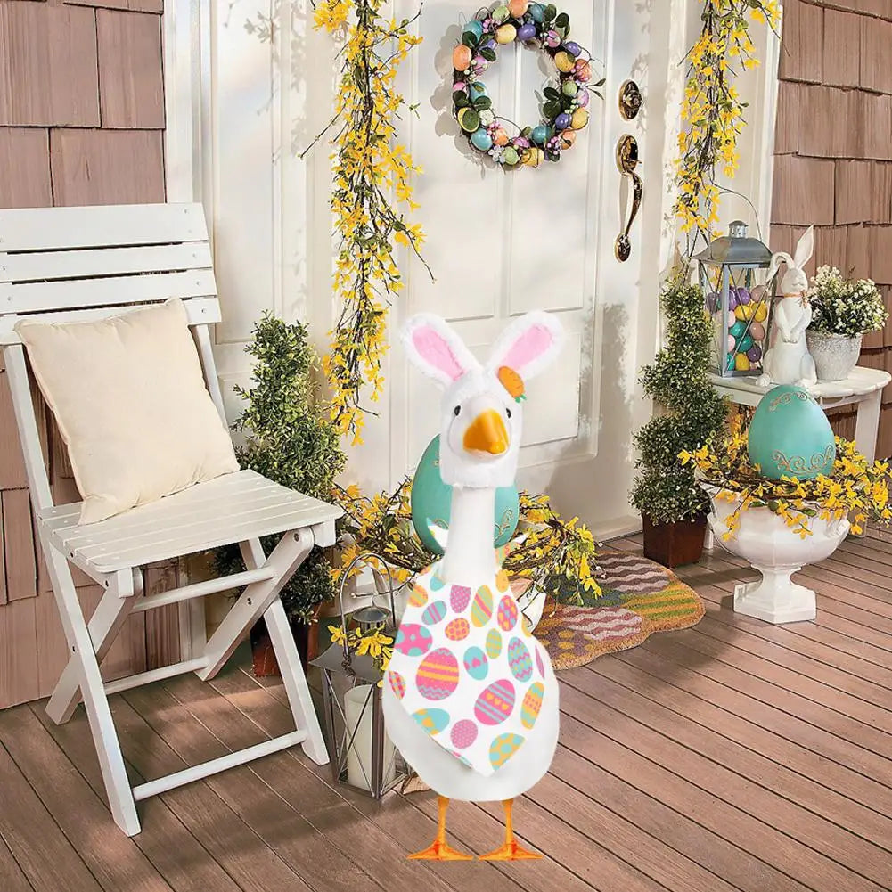 Lawn Goose Statue Clothes Bunny Ear Hat and Easter