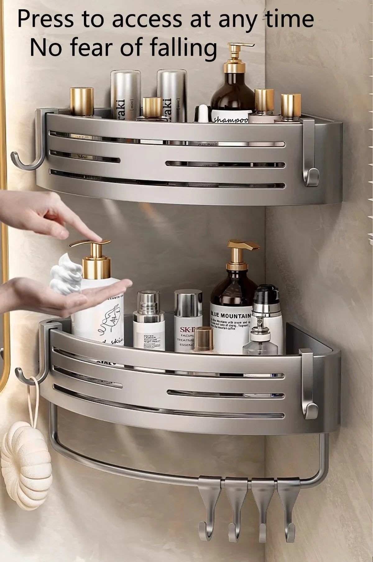 1-2PCS Shower Corner Shelf with Hook Towel Bar