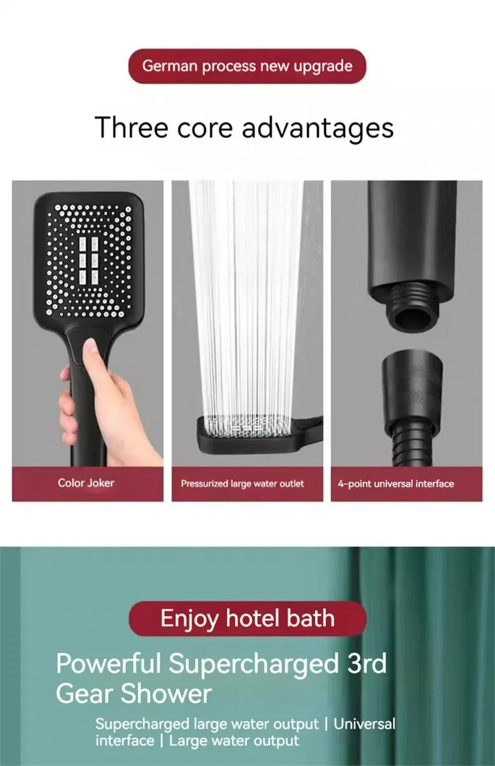 Adjustable Shower Head 3 Mode Rainfall Shower Large Flow