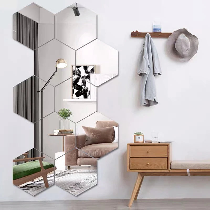 6/12pcs 3D Mirror Wall Sticker Hexagon