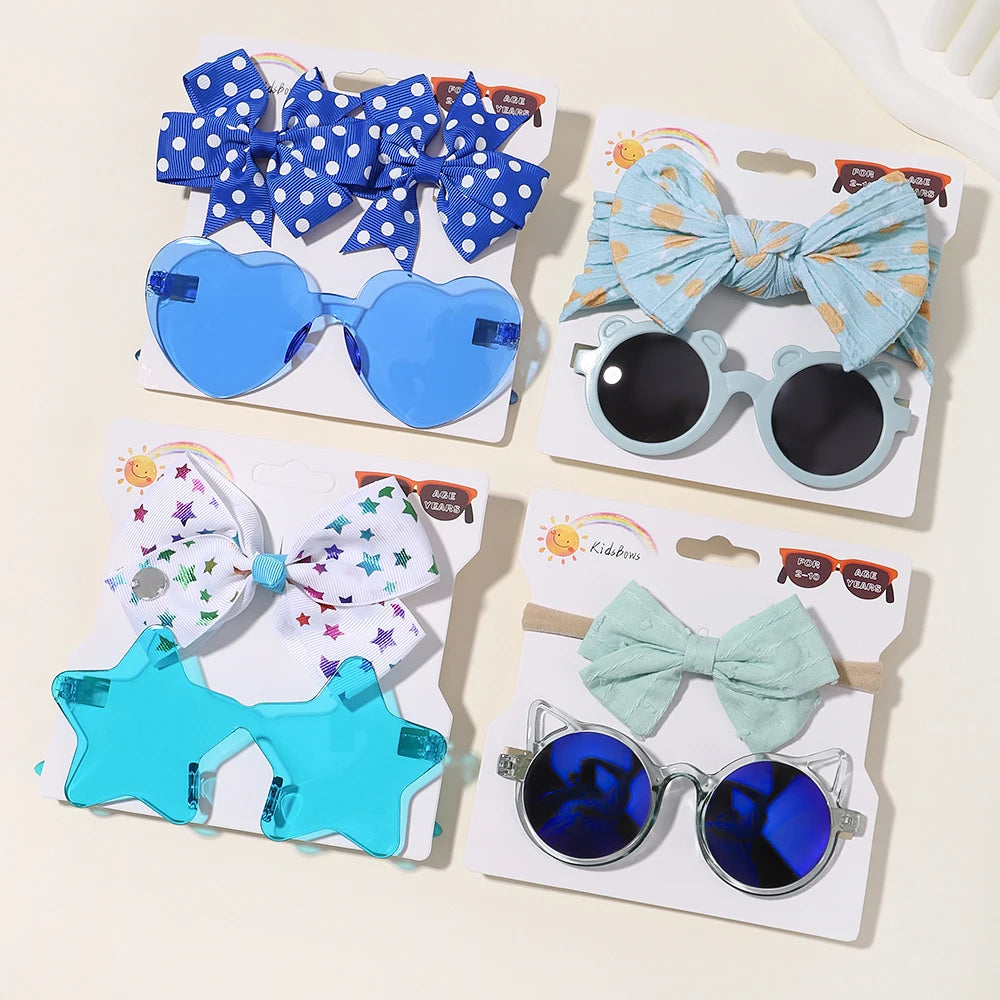 4set Baby Bows Headband Cartoon Sunglasses