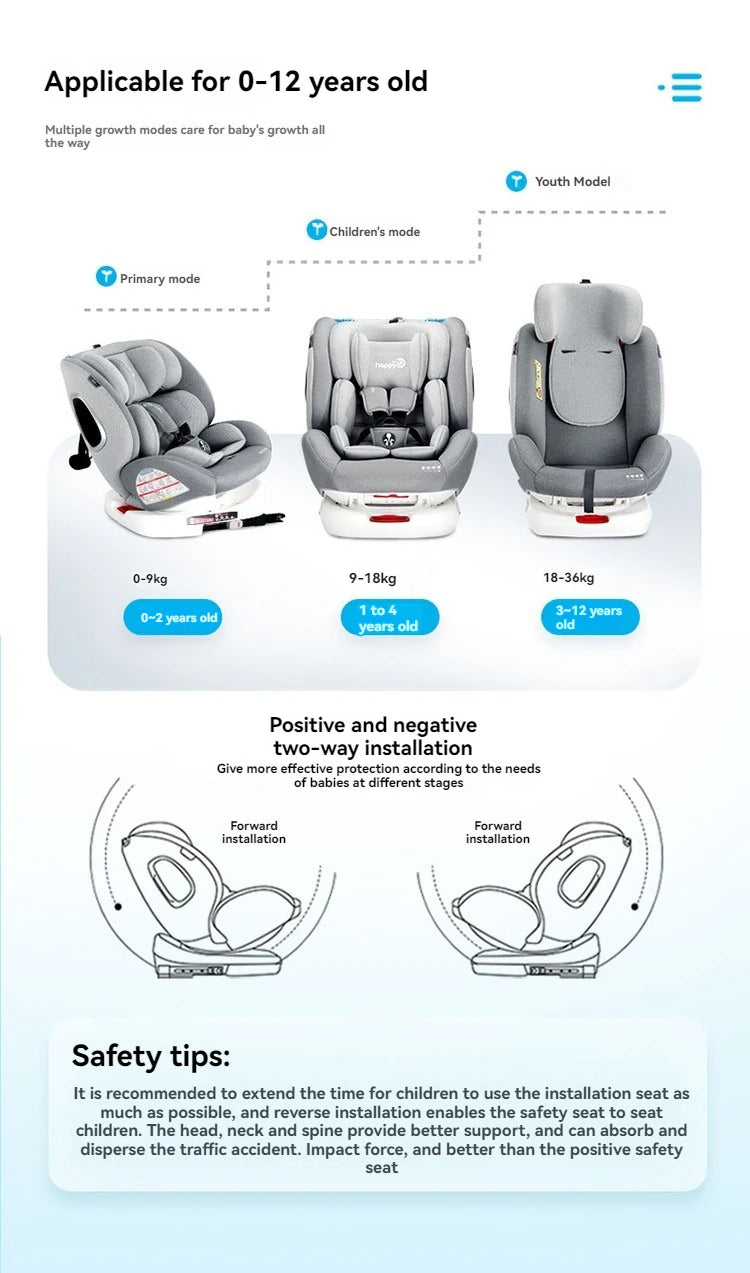 360-degree rotating child safety seat 0-12 years old