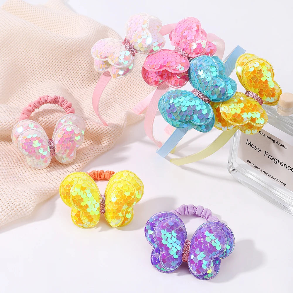 2Pcs Hairbands Hair Ties Set Girls Shiny Butterfly