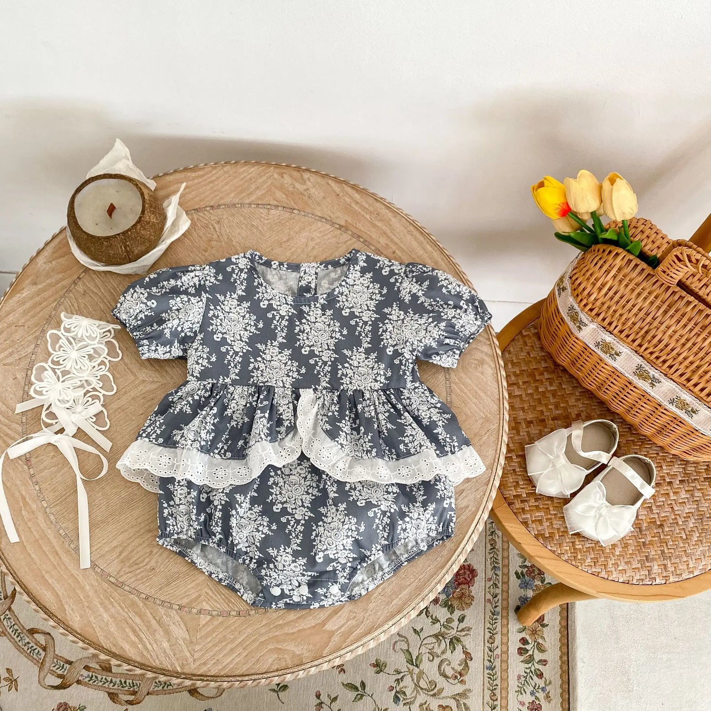 Baby Girl's Summer Floral Shred Lace Romper.