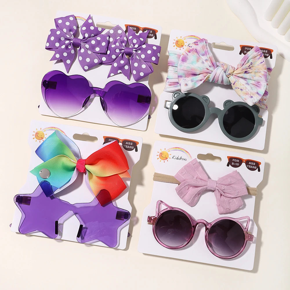 4set Baby Bows Headband Cartoon Sunglasses