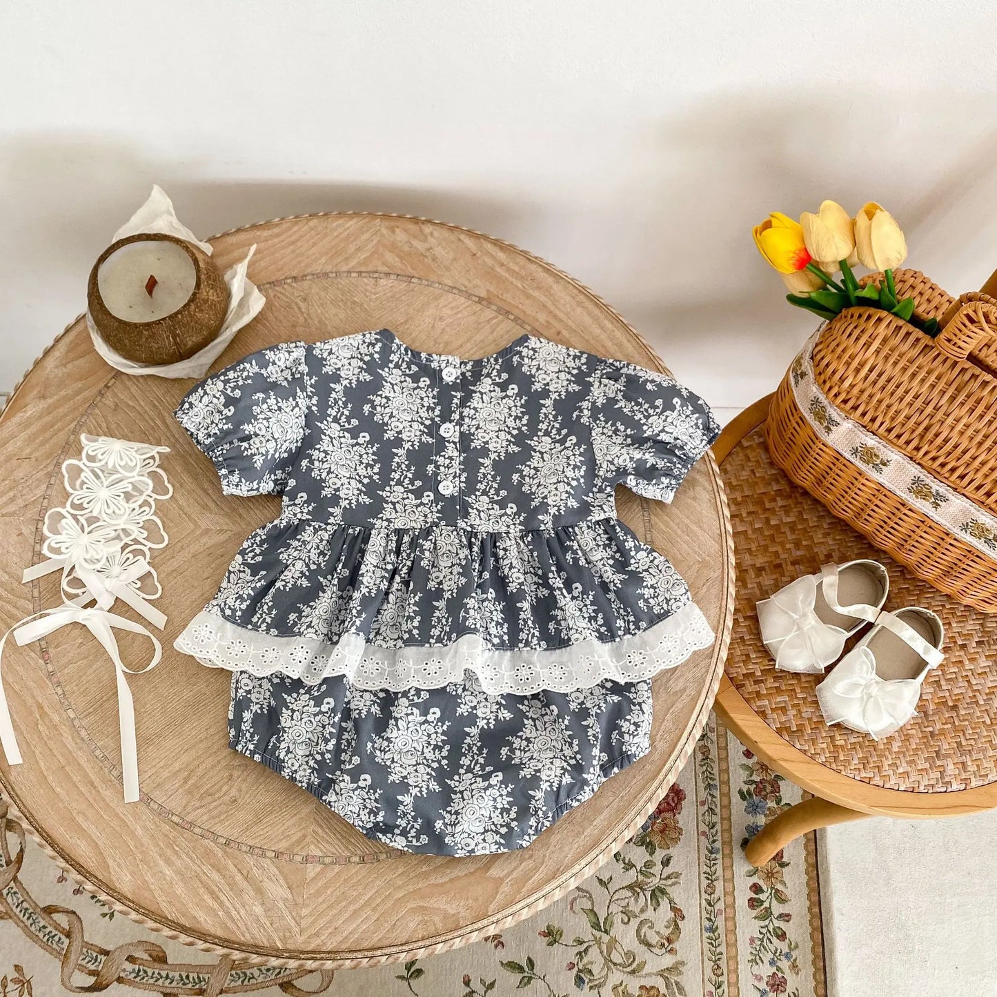 Baby Girl's Summer Floral Shred Lace Romper.