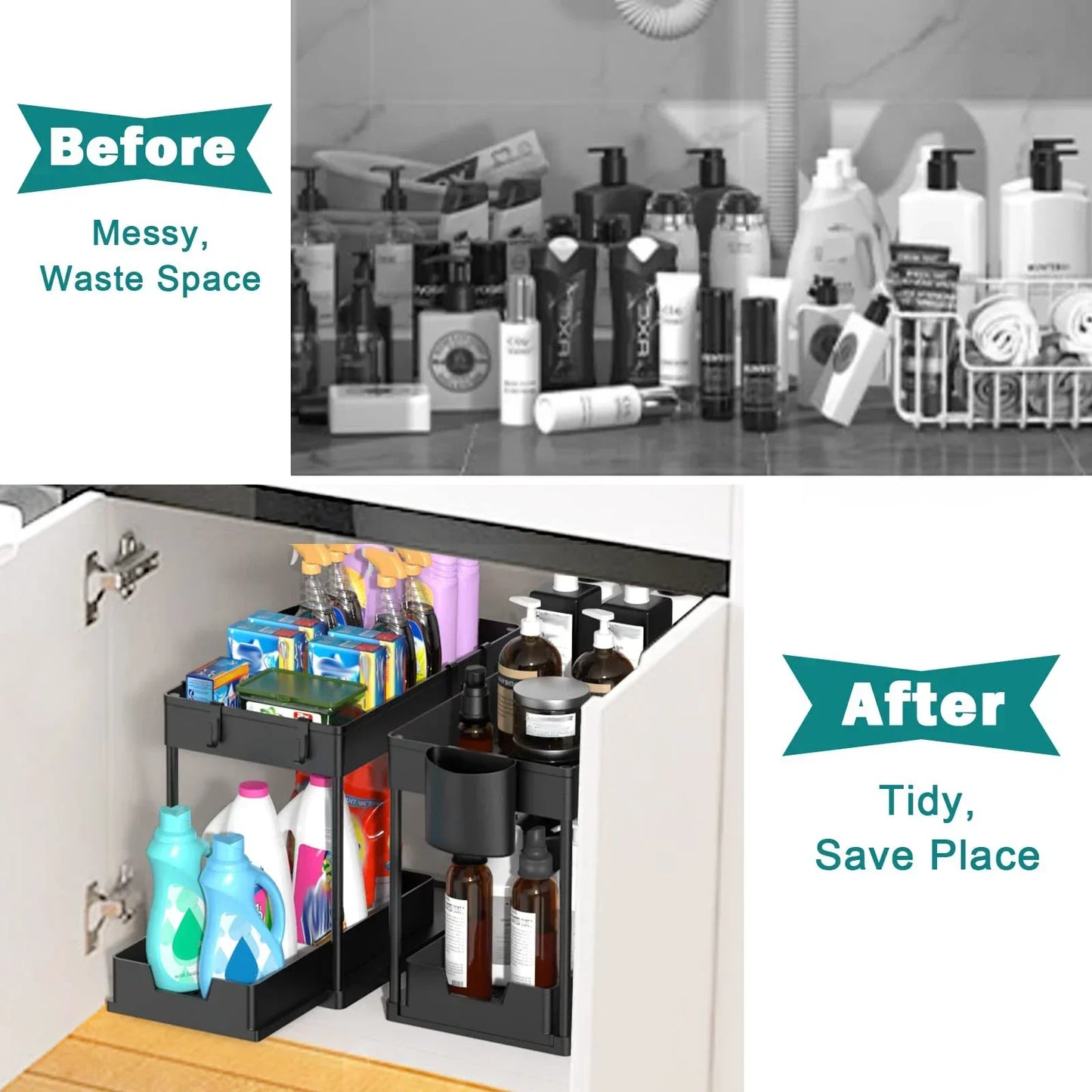 2 Tier Sliding Drawer Under Sink Storage Organizer