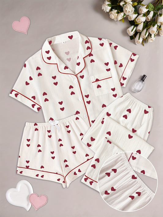 3pcs Women'S Pajama Set, Casual Polyester Short Sleeve Shirt with Heart Print