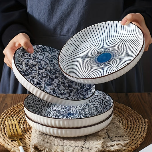 Set 4 Farfurii și Boluri din Ceramică Albastru-Alb