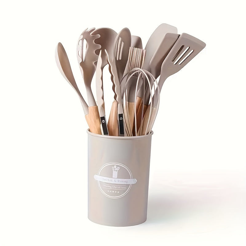 Set Utensile de Bucătărie din Silicon cu Mânere din Lemn