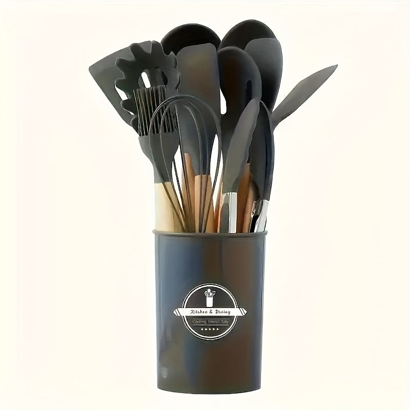 Set Utensile de Bucătărie din Silicon cu Mânere din Lemn