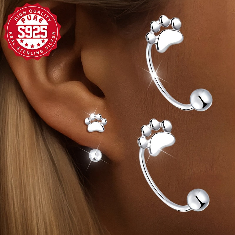 A Pair of Cat Paw Ear Hooks Made of S925 Silver, Stylish Drop Earrings for Women