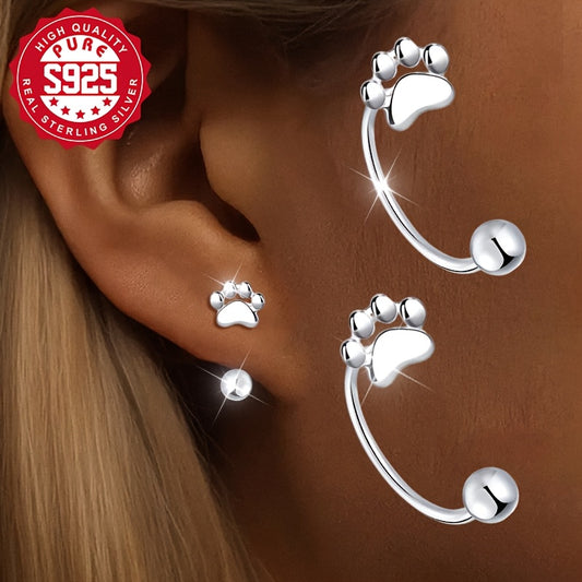 A Pair of Cat Paw Ear Hooks Made of S925 Silver, Stylish Drop Earrings for Women