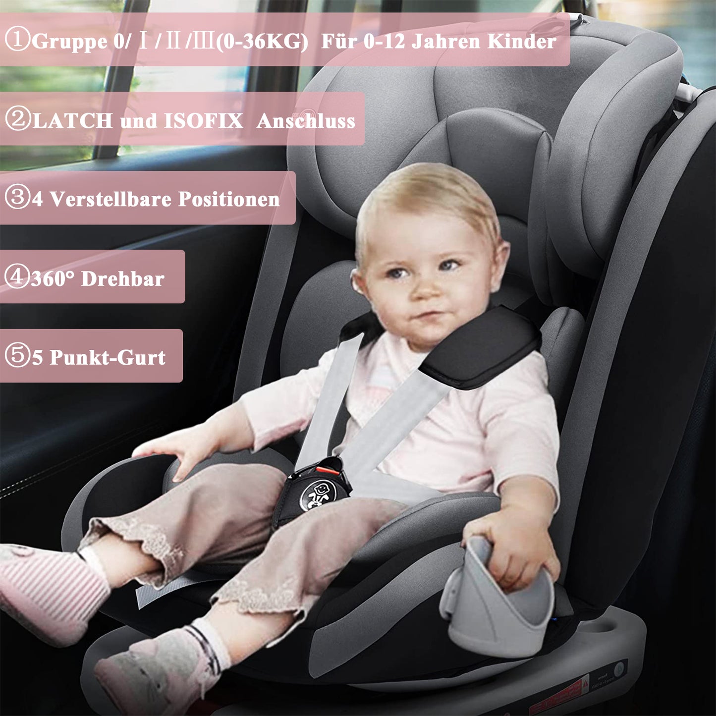 Child Car Seat 360° Rotating 5-Point Belt 9-36kg 0 -12 years