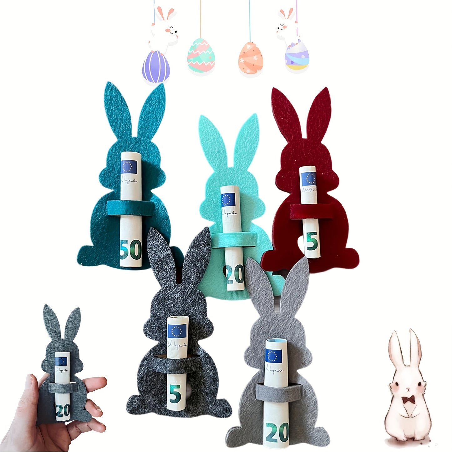 6pcs Easter Bunny Money Clip Gift, Classic Easter Creative Money Clip Card, Felt Easter Bunny Money Clip Cash Gift, for Holiday Piñata Decoration, Easter Basket Decoration