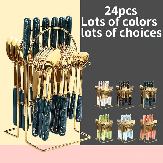 24pcs Stainless Steel Flatware Set with Ceramic Handles, Elegant Cutlery for Dining and Dessert, Includes Knives, Forks, Spoons, Teaspoons - Ideal for Home, Restaurant, Hotel Use, Kitchen Utensils