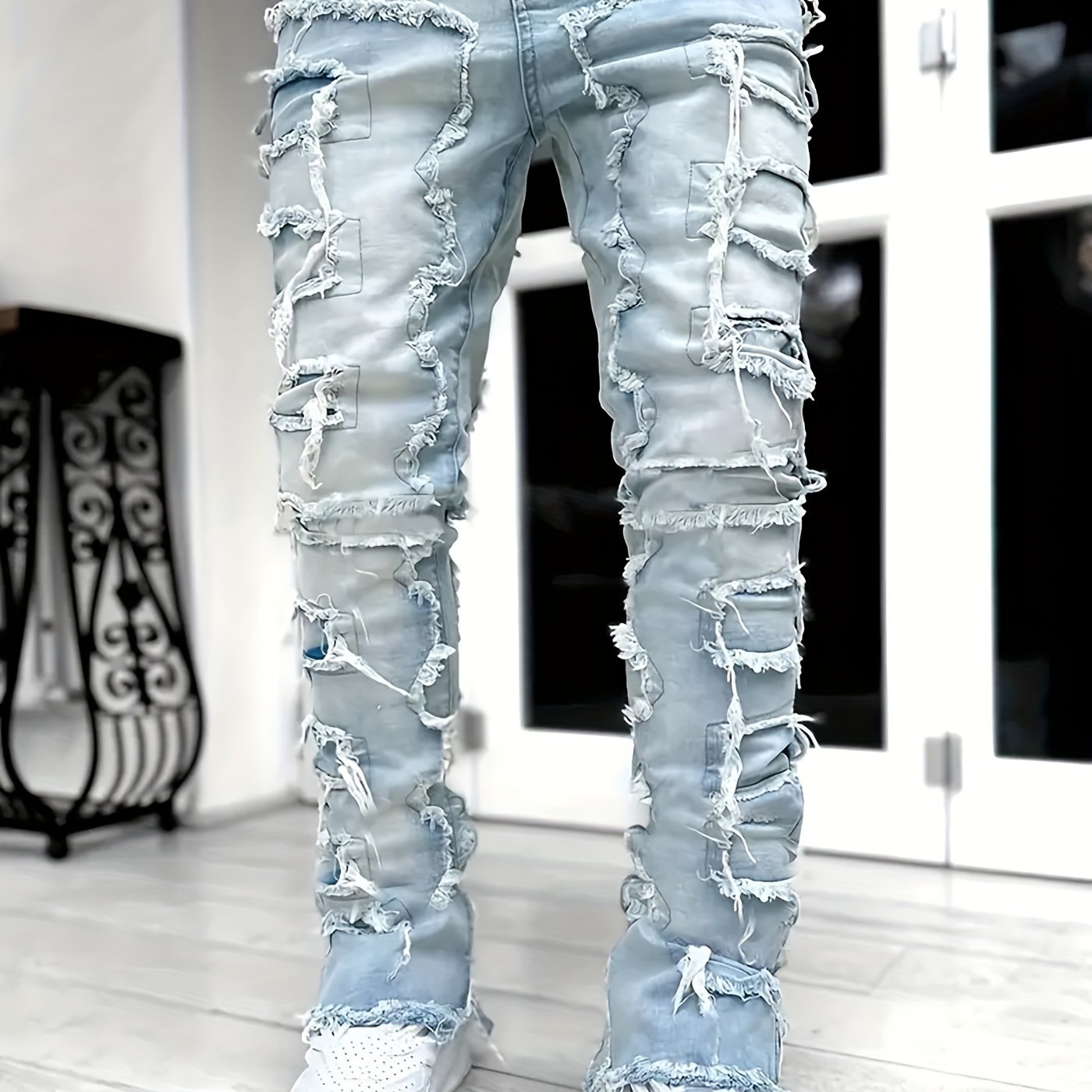 Creative Raw Trim Jeans, Men's Casual Street Style Medium Stretch Denim Pants