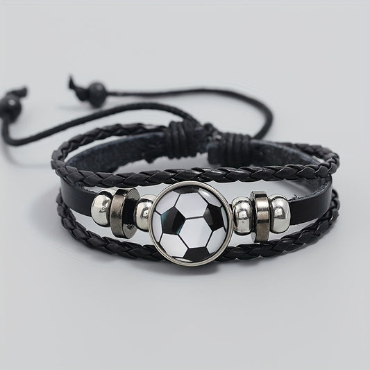 Stylish Soccer Ball Charm Bracelet - Fashionable Faux Leather Wristband