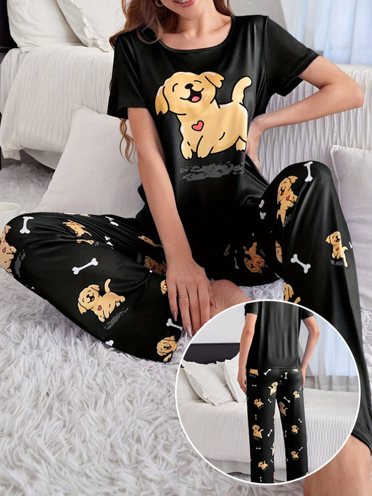 Cute Puppy Print Pajama Set, Round Neck Short Sleeve Top & Elastic Pants