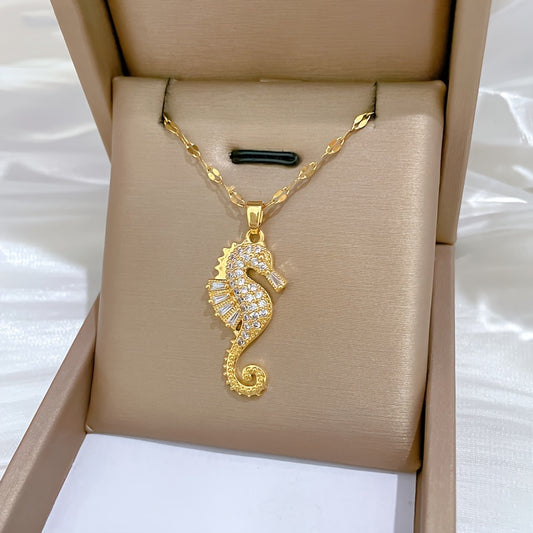 Women's Stainless Steel Rhinestone-Encrusted Seahorse Pendant Necklace